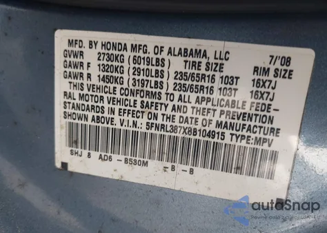 2008 Honda Odyssey Ex-L from USA, damaged, VIN 5FNRL387X8B104915